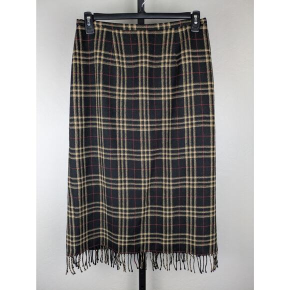 Vintage Sag Harbor Midi Length Wool Skirt with Fringe black tan red plaid - Picture 1 of 6